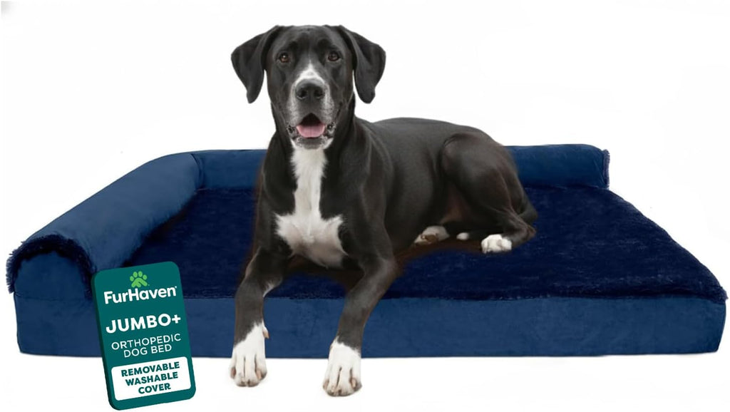 Furhaven Orthopedic Dog Bed for Large Dogs w/ Removable Bolsters & Washable Cover, For Dogs Up to 95 lbs - Two-Tone Plush Faux Fur & Suede L Shaped Chaise - Stone Gray, Jumbo/XL