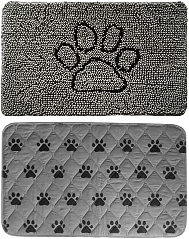 Gorilla Grip Doormat and Reusable Waterproof Pet Pad, Paw Gray Chenille Doormat is 30x20, Washable Pad for Crates and s is Size 16x22, 2 Item Bundle