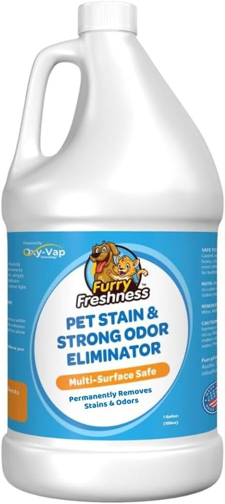 FurryFreshness Extra Strength Cat or Dog Pee Stain & Permanent Odor Remover + Smell Eliminator -Removes Stains From Pets & Kids Including Urine or Blood- Lifts Old Carpet Stains- 32oz Spray