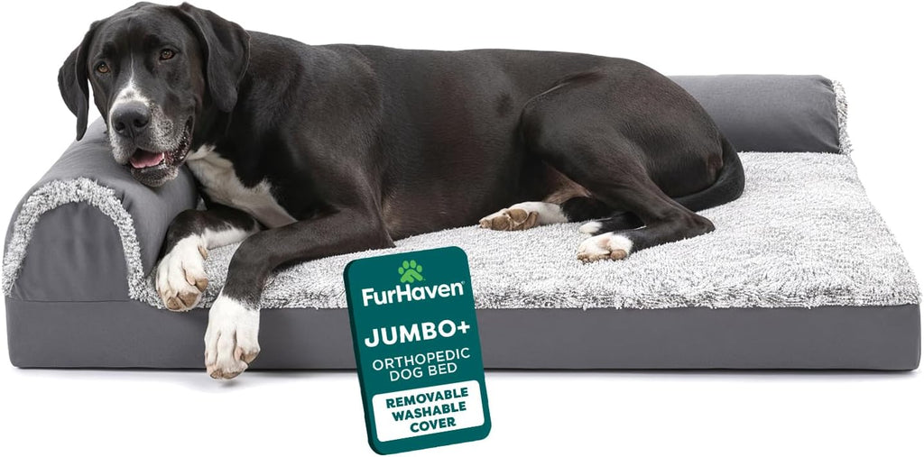 Furhaven Orthopedic Dog Bed for Large Dogs w/ Removable Bolsters & Washable Cover, For Dogs Up to 95 lbs - Two-Tone Plush Faux Fur & Suede L Shaped Chaise - Stone Gray, Jumbo/XL