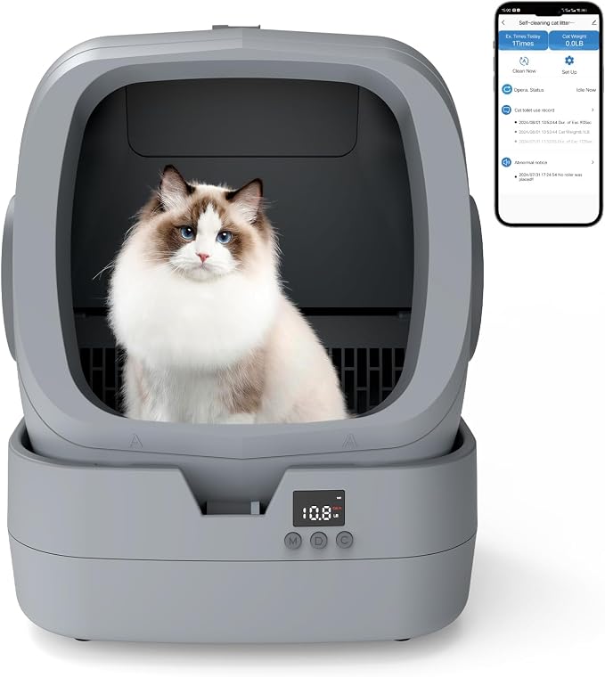 UPFAS Automatic Cat Litter Box Self Cleaning - APP Control - Weight Monitoring - Ultra-Quiet, Medium Cats and Kittens Litter Box, Safe Anti-Pinch【Assembly Required】- Grey