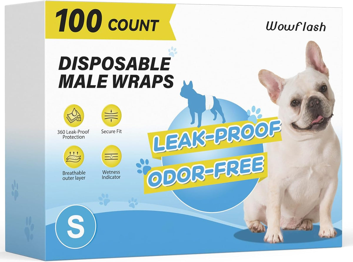 Wowflash 100 Count Dog Belly Bands for Male Dogs, Male Dog Diapers Disposable, Leakproof Dog Wraps with Wetness Indicator, Breathable Quick-Dry, Secure Fit for Doggy Puppy Training, Small