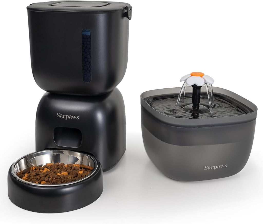 Automatic Cat Feeder and Water Dispenser FW1, Wire or Battery Cat Food Dispenser Timer Pet Feeder - Locking Lid, Desiccant Bag, Programmable Portion Control, 4 Daily Meals, 10s Voice Recorder