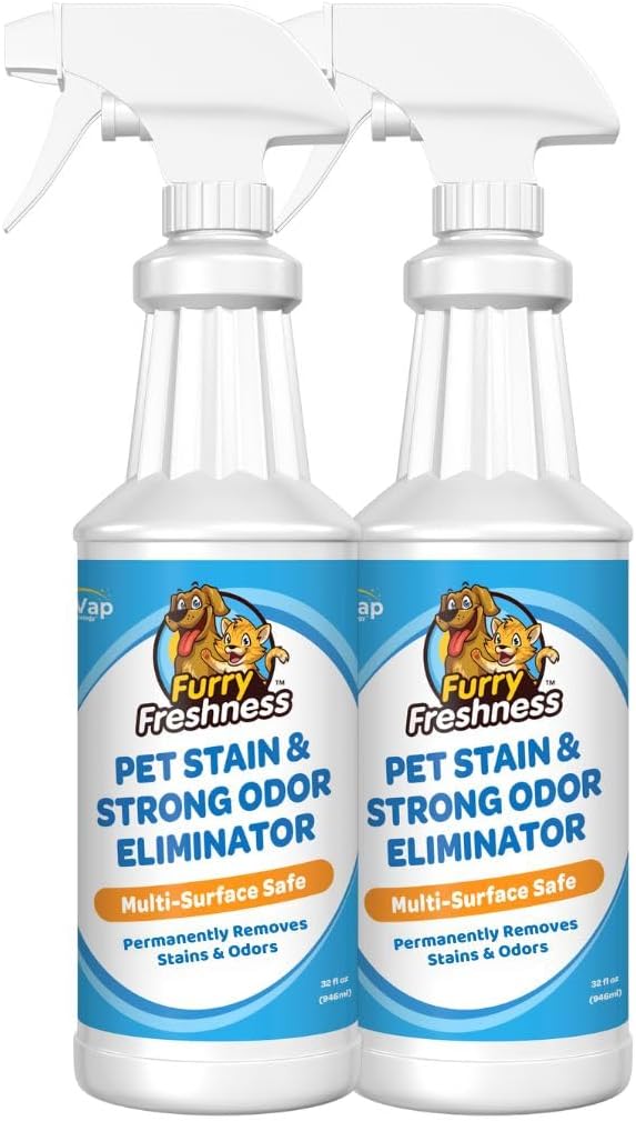 FurryFreshness Extra Strength Cat or Dog Pee Stain & Permanent Odor Remover + Smell Eliminator -Removes Stains From Pets & Kids Including Urine or Blood- Lifts Old Carpet Stains- 32oz Spray