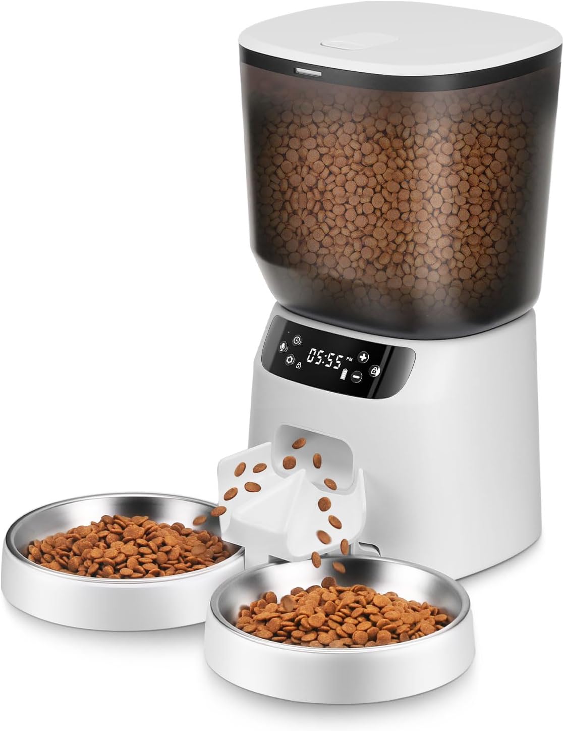 Automatic Cat Feeders for Two Cats, 5L/20 Cups Double Automatic Cat Food Dispenser with 2 Stainless Bowls, Timer Setting 20 Portions 6 Meals Per Day, 10s Meal Call (Black)