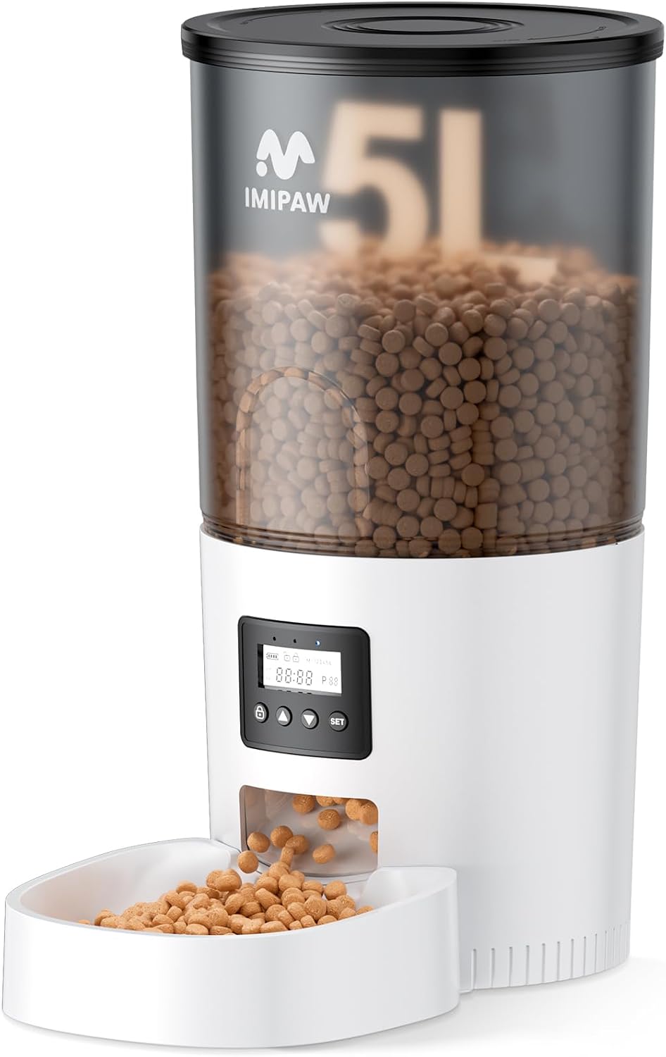 IMIPAW Automatic Cat Feeders, Timed Cat Dry Food Dispenser with Desiccant Bag, Dual Power Supply, Programmable Portion Size, 6 Meals, 20 Portions Per Day, Auto Pet Feeder for Cats and Small Dog, White