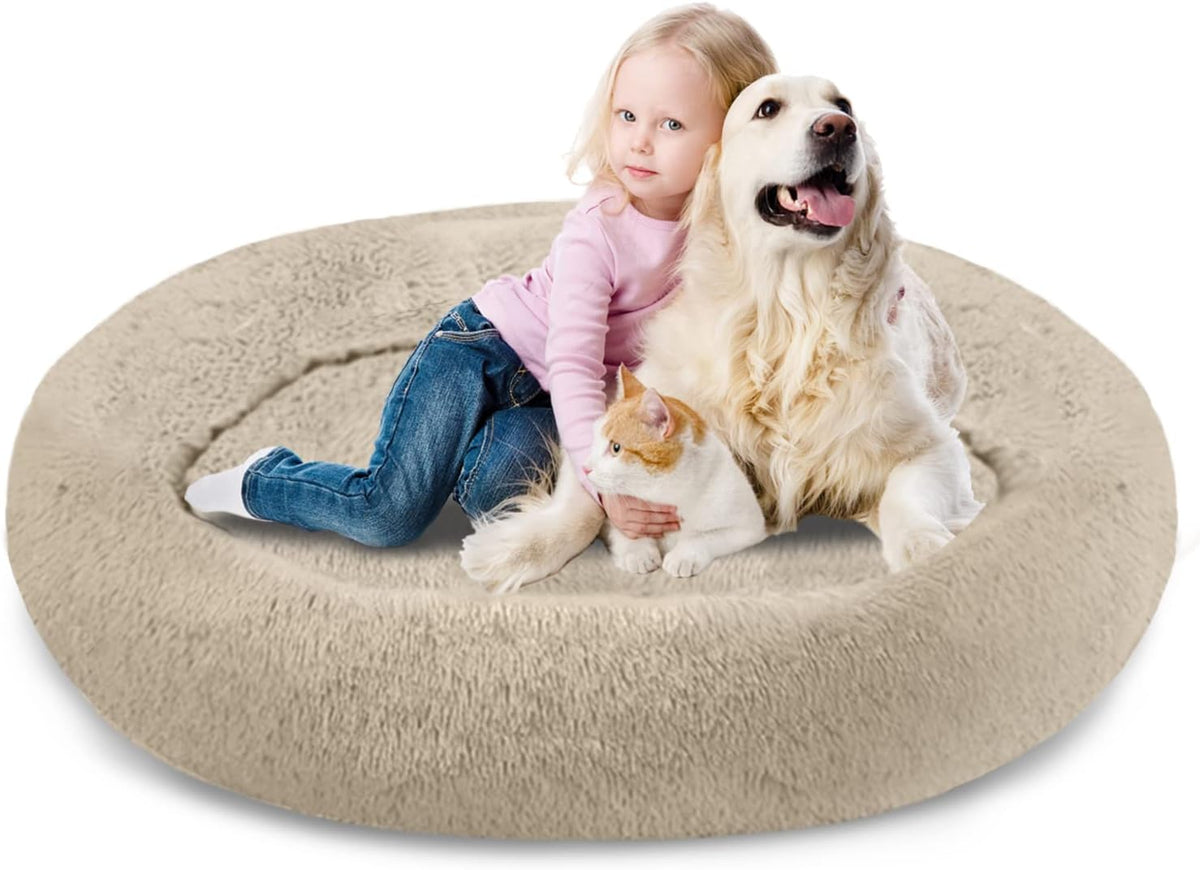 54 inches Calming Donut Dog Bed - 3X Durable Plush Faux Fur, Machine Washable & Non-Slip, Fits up to 210 lbs, Removable Cover, Dark Grey