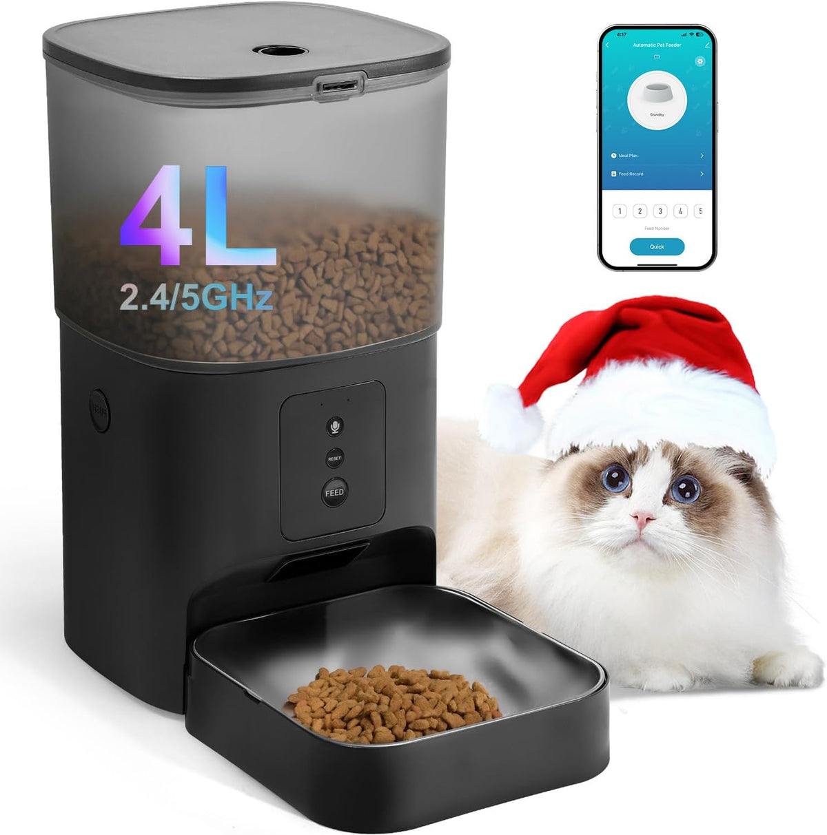 Automatic Cat Feeder, 4L Cat Food Dispenser with 10s Voice Recorder, Pet Feeder up to 8 Meals per Day, Timed Feeder with Dry Food Sealed Ring
