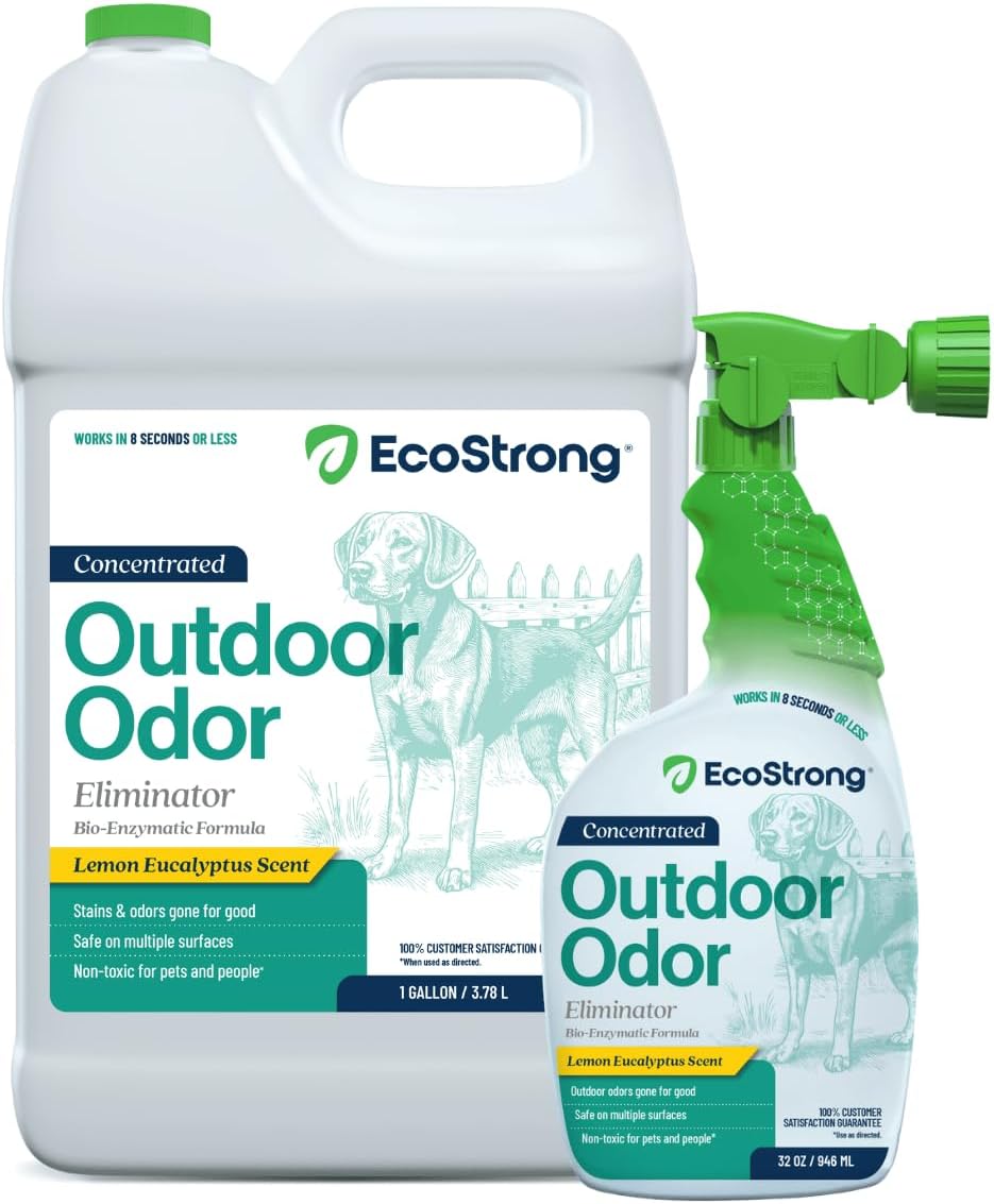 Eco Strong Outdoor Odor Eliminator | Outside Dog Urine Enzyme Cleaner – Powerful Pet, Cat, Animal Scent Deodorizer | Professional Strength for Yard, Turf, Kennels, Patios, Decks (Gallon with Sprayer)