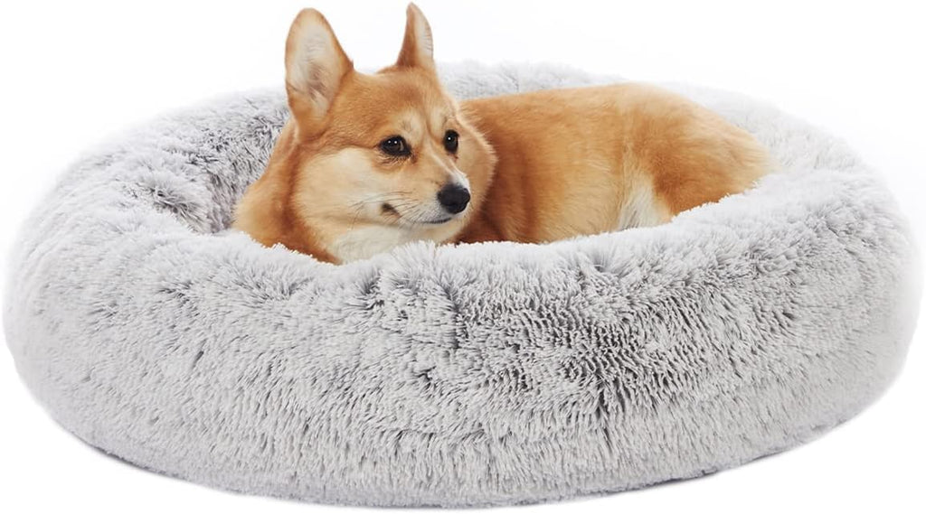 Calming Fluffy Donut Dog Bed for Large Dogs,Dark Grey, 36" Round