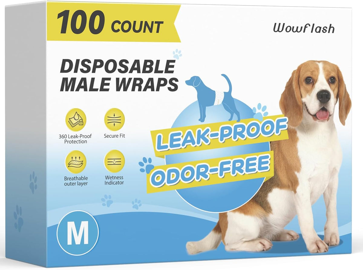 Wowflash 100 Count Dog Belly Bands for Male Dogs, Male Dog Diapers Disposable, Leakproof Dog Wraps with Wetness Indicator, Breathable Quick-Dry, Secure Fit for Doggy Puppy Training, Small