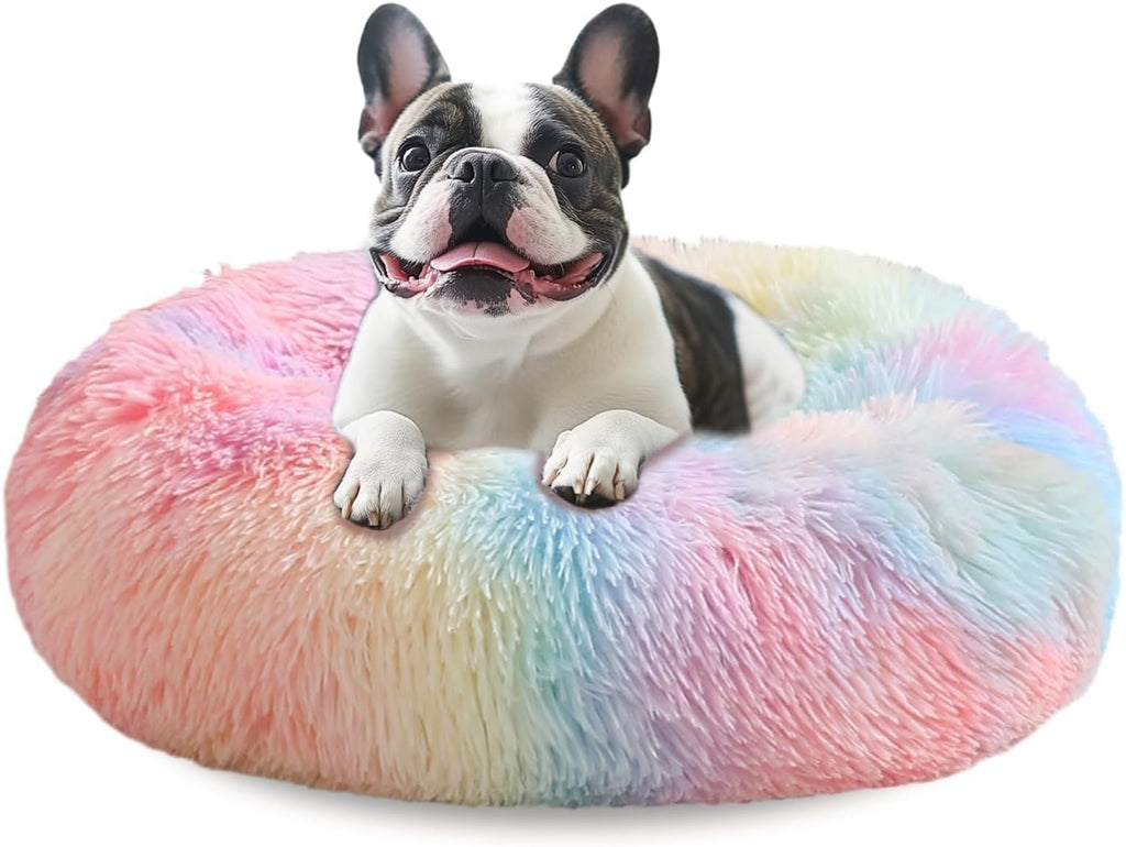 JOLLYVOGUE Calming Dog Bed Medium Size Dog, 31in Donut Washable Medium Pet Bed, Anti-Slip & Anti-Anxiety Fluffy Faux Fur Round Dogs Bed, Fits up to 45 lbs Pets (Smoke Grey)