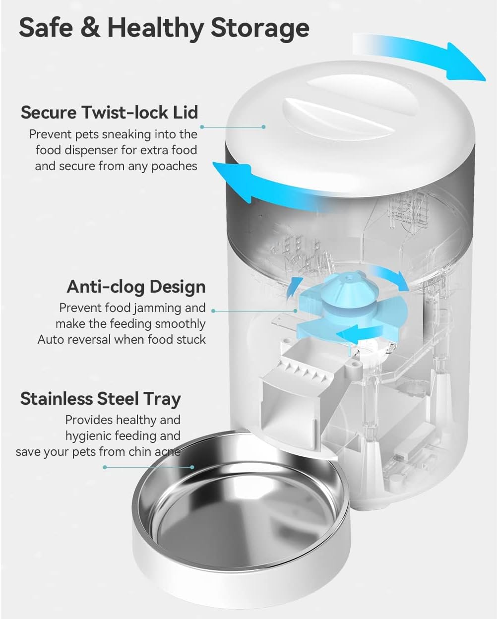 4L Automatic Cat Food Stainless Steel Bowl Anti-Clog Feeder for Pet Dog Timing Cats Kibble Dispenser