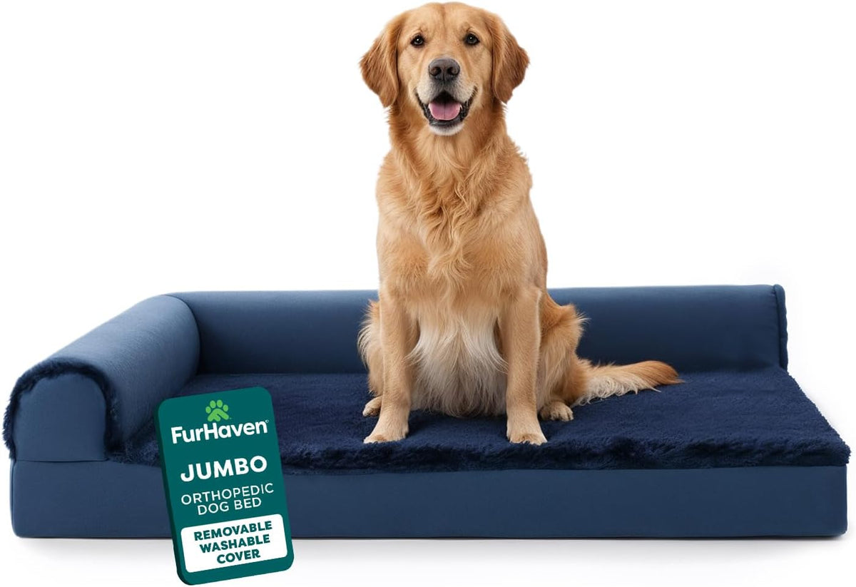 Furhaven Orthopedic Dog Bed for Large Dogs w/ Removable Bolsters & Washable Cover, For Dogs Up to 95 lbs - Two-Tone Plush Faux Fur & Suede L Shaped Chaise - Stone Gray, Jumbo/XL