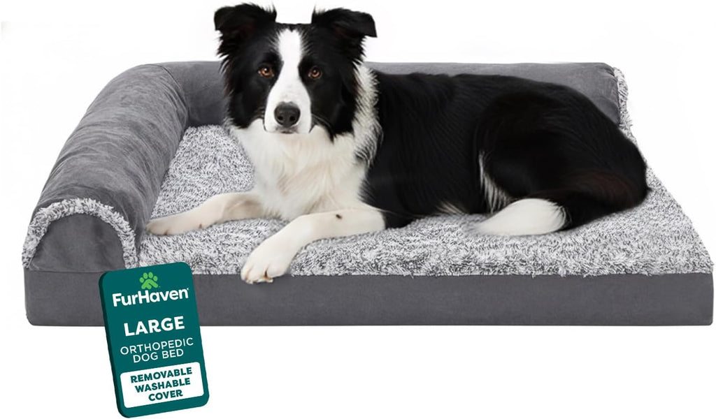 Furhaven Orthopedic Dog Bed for Large Dogs w/ Removable Bolsters & Washable Cover, For Dogs Up to 95 lbs - Two-Tone Plush Faux Fur & Suede L Shaped Chaise - Stone Gray, Jumbo/XL