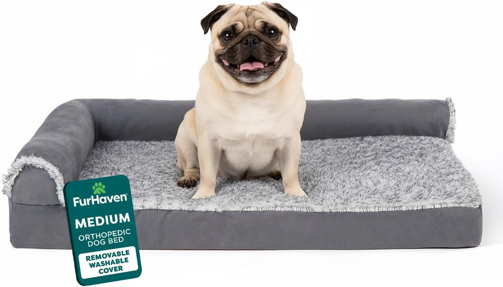 Furhaven Orthopedic Dog Bed for Large Dogs w/ Removable Bolsters & Washable Cover, For Dogs Up to 95 lbs - Two-Tone Plush Faux Fur & Suede L Shaped Chaise - Stone Gray, Jumbo/XL