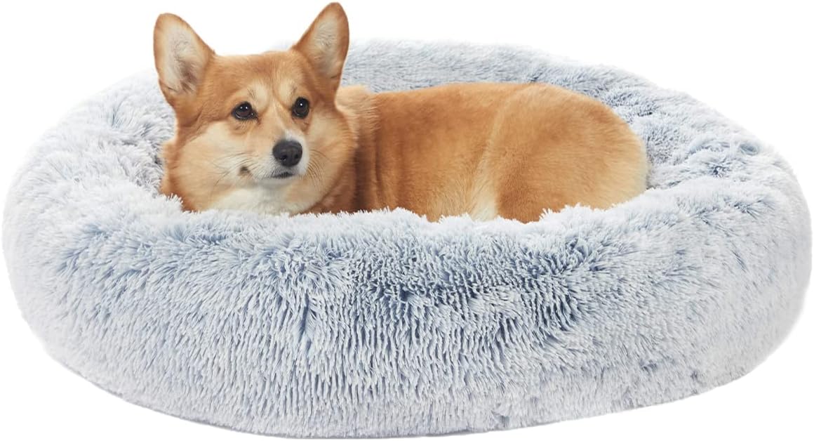 Calming Fluffy Donut Dog Bed for Large Dogs,Dark Grey, 36" Round