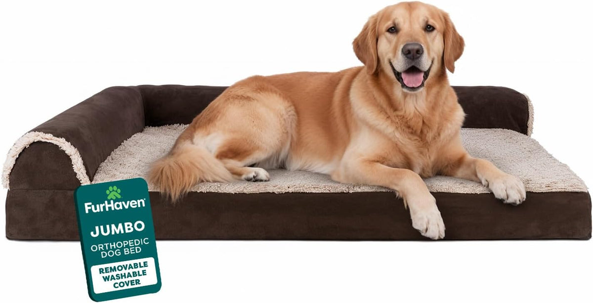 Furhaven Orthopedic Dog Bed for Large Dogs w/ Removable Bolsters & Washable Cover, For Dogs Up to 95 lbs - Two-Tone Plush Faux Fur & Suede L Shaped Chaise - Stone Gray, Jumbo/XL