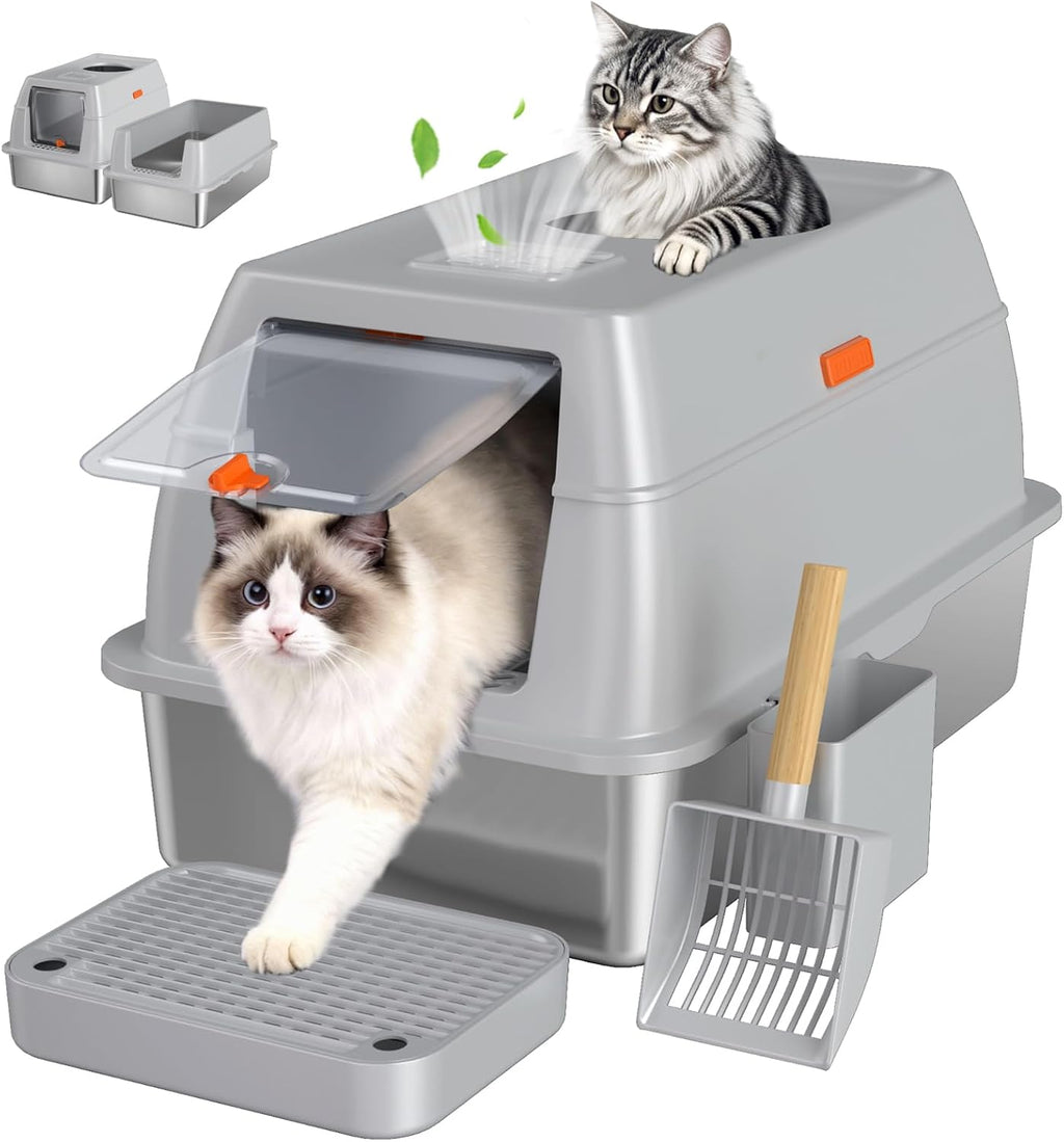 XL Enclosed Stainless Steel Litter Box with Lid,Black