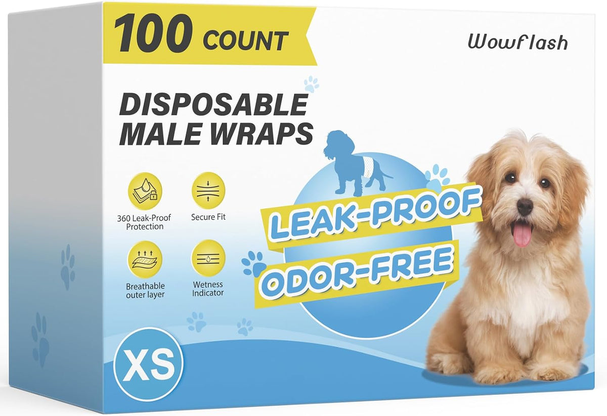 Wowflash 100 Count Dog Belly Bands for Male Dogs, Male Dog Diapers Disposable, Leakproof Dog Wraps with Wetness Indicator, Breathable Quick-Dry, Secure Fit for Doggy Puppy Training, Small