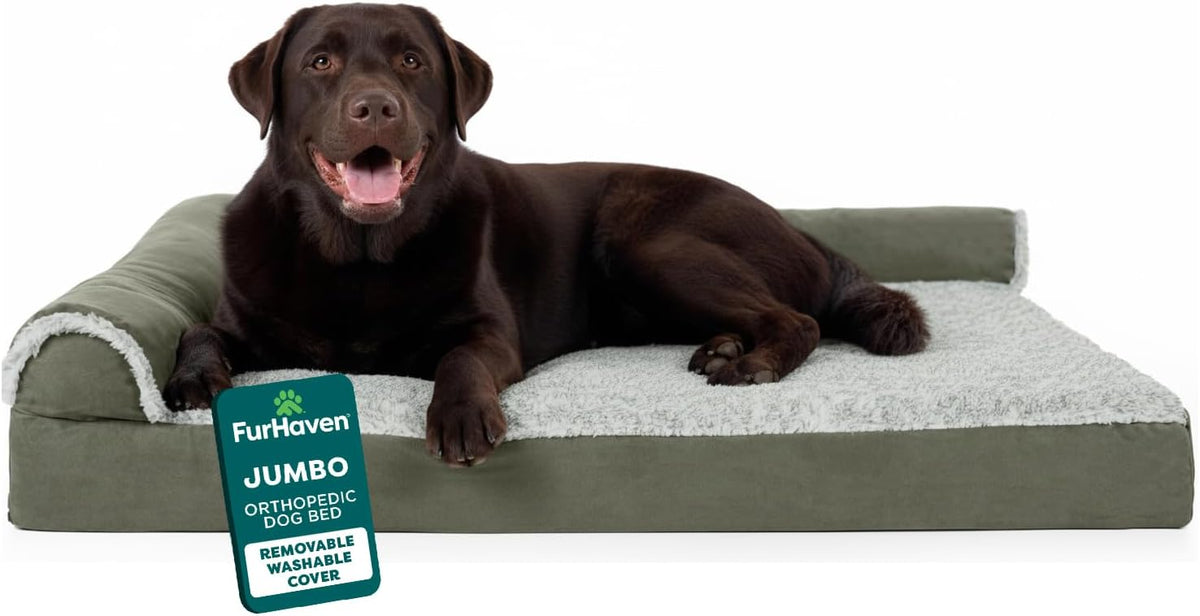 Furhaven Orthopedic Dog Bed for Large Dogs w/ Removable Bolsters & Washable Cover, For Dogs Up to 95 lbs - Two-Tone Plush Faux Fur & Suede L Shaped Chaise - Stone Gray, Jumbo/XL