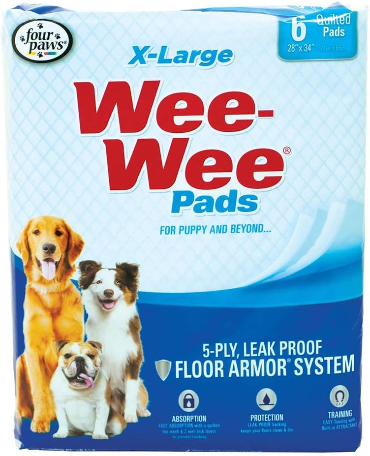 Four Paws Wee-Wee Superior Performance Extra Large Pee Pads for Dogs with Runoff Barrier Edge Guard Protection, Puppy & Dog Potty Training Pads, Housebreaking Supplies, 28" x 34" (40Count)