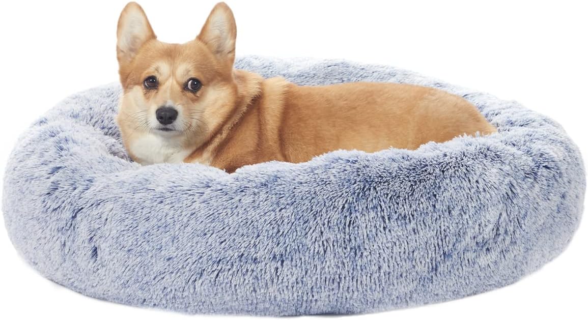 Calming Fluffy Donut Dog Bed for Large Dogs,Dark Grey, 36" Round
