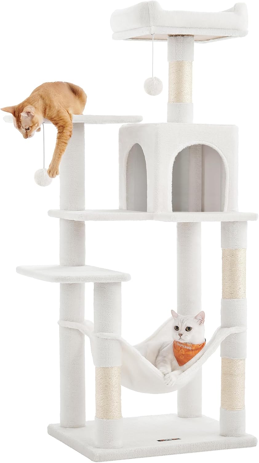 Feandrea Cat Tree, 59.5-Inch Tall Cat Tower, Multi-Level Condo, Light Gray