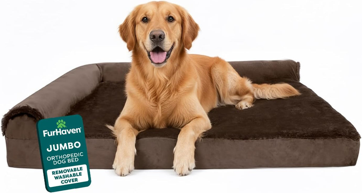 Furhaven Orthopedic Dog Bed for Large Dogs w/ Removable Bolsters & Washable Cover, For Dogs Up to 95 lbs - Two-Tone Plush Faux Fur & Suede L Shaped Chaise - Stone Gray, Jumbo/XL