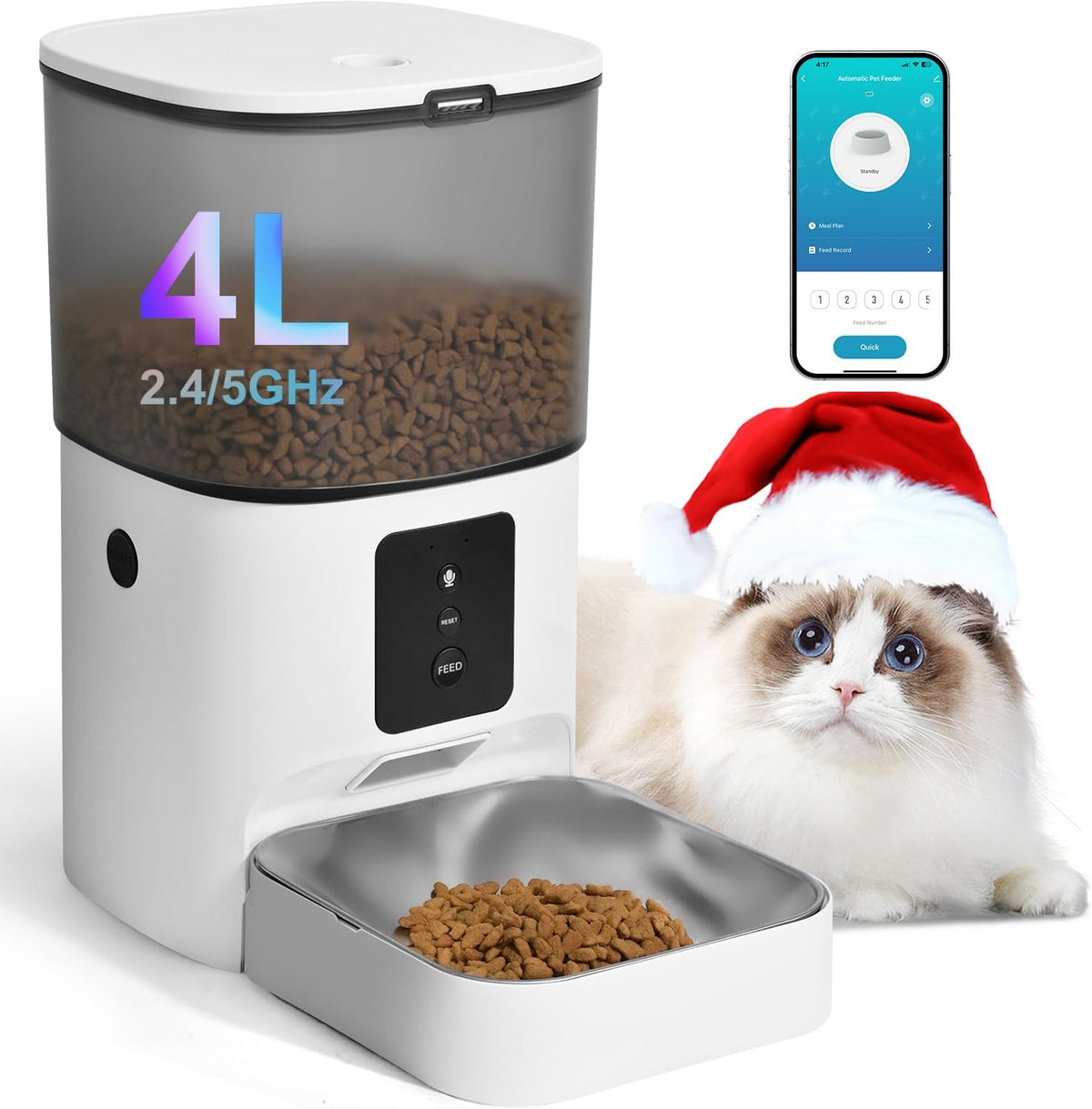 Automatic Cat Feeder, 4L Cat Food Dispenser with 10s Voice Recorder, Pet Feeder up to 8 Meals per Day, Timed Feeder with Dry Food Sealed Ring