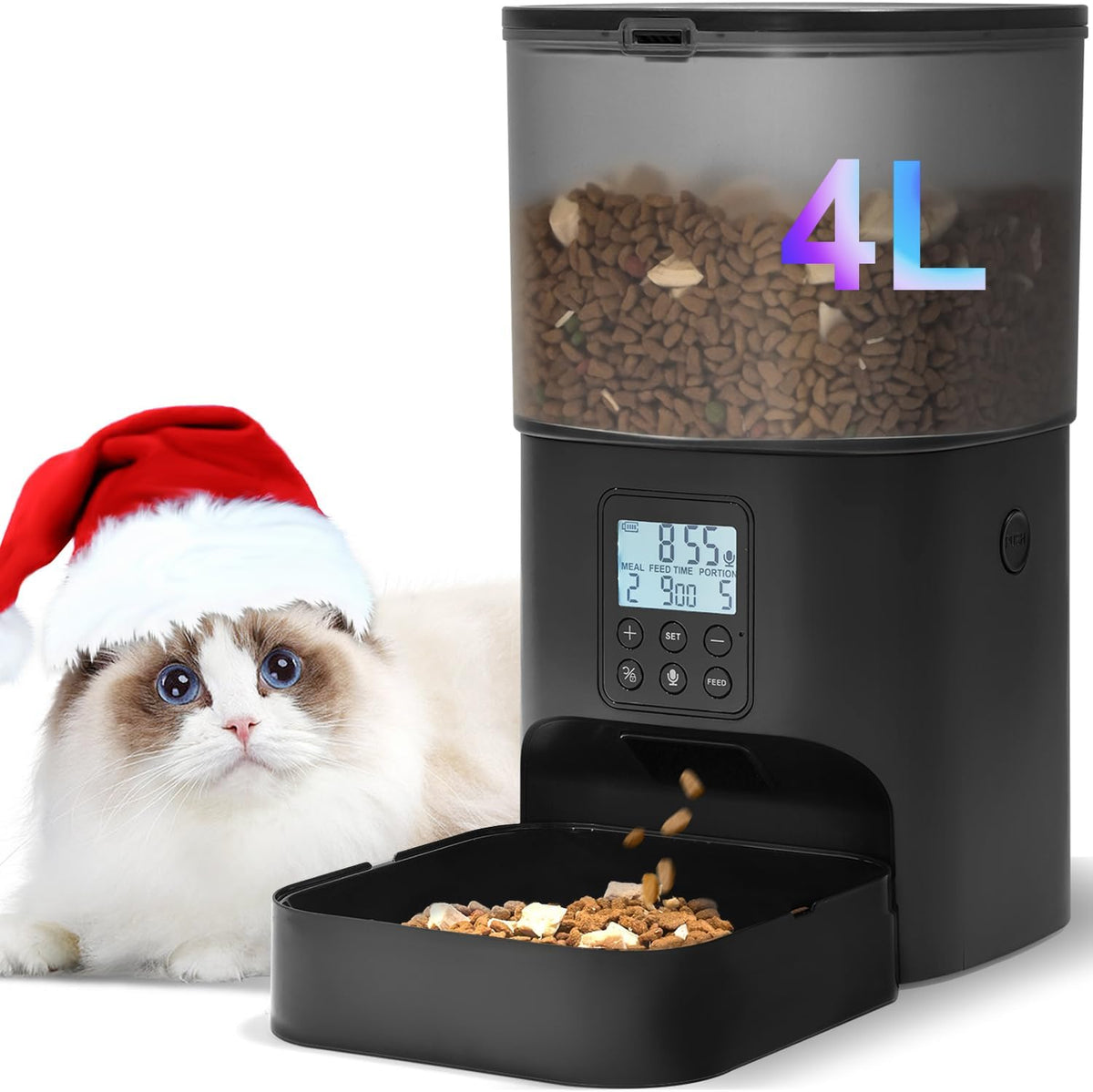 Automatic Cat Feeder, 4L Cat Food Dispenser with 10s Voice Recorder, Pet Feeder up to 8 Meals per Day, Timed Dog Feeder with Dry Food Sealed Ring