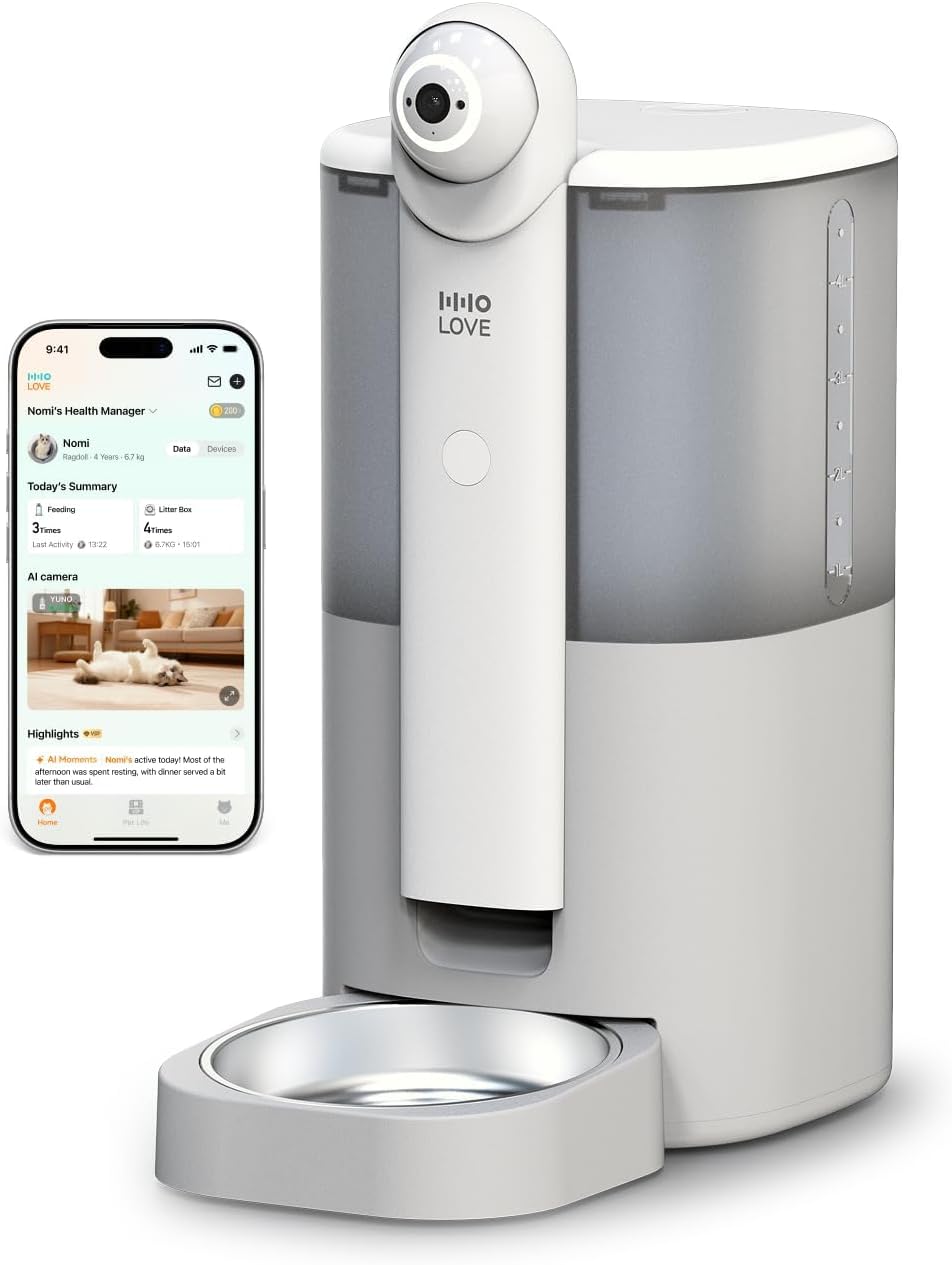 Yuno AI Smart Automatic Cat Feeder with 2K 360° Camera Auto-Track, AI Health Insights, Two-Way Audio, Night Vision Camera, 2.4G&5G WiFi, Small Dog Feeder, 5L