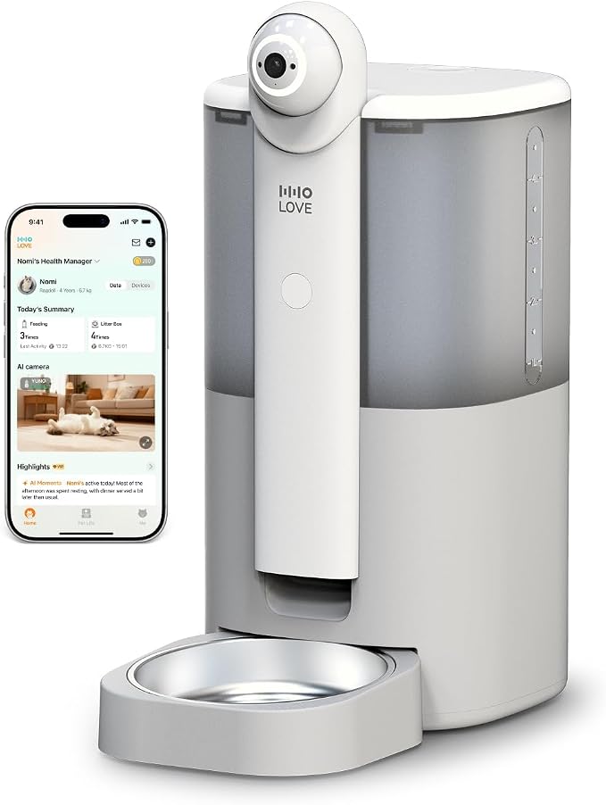 Yuno AI Smart Automatic Cat Feeder with 2K 360° Camera Auto-Track, AI Health Insights, Two-Way Audio, Night Vision Camera, 2.4G&5G WiFi, Small Dog Feeder, 5L