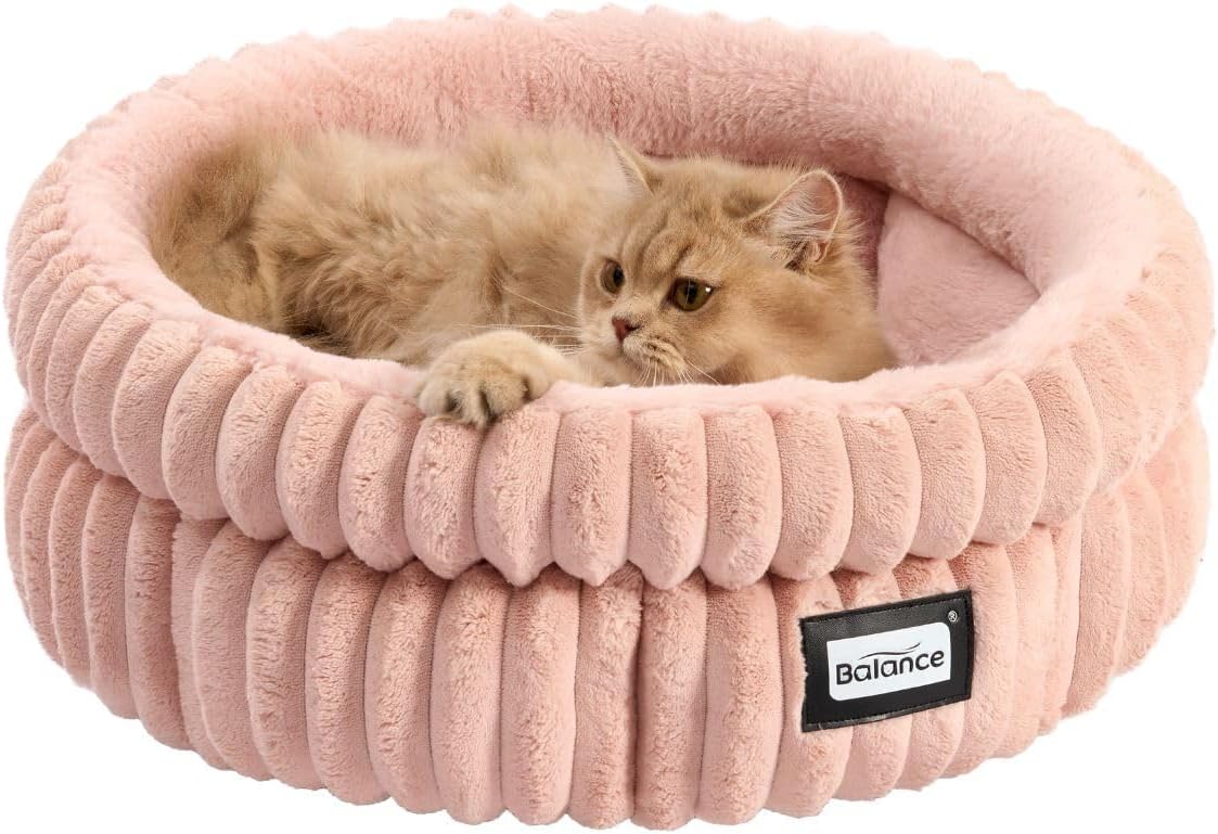 BALANCE Cat Bed Kitten Bed, Washable Round Cat Beds for Indoor Cats, Super Soft Plush Faux Fur Pet Bed for Puppy and Kitten with Anti-Slip Bottom