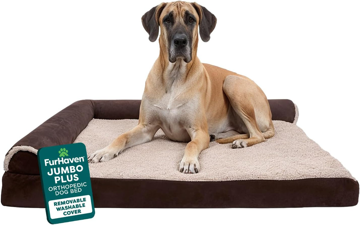 Furhaven Orthopedic Dog Bed for Large Dogs w/ Removable Bolsters & Washable Cover, For Dogs Up to 95 lbs - Two-Tone Plush Faux Fur & Suede L Shaped Chaise - Stone Gray, Jumbo/XL