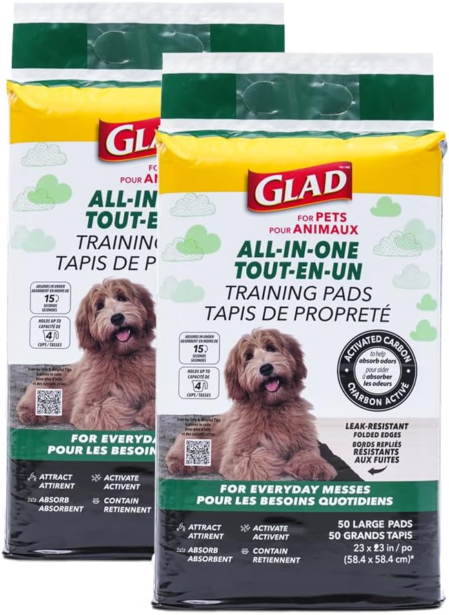 Glad for Pets Black Charcoal Puppy Pads - 6-Layer Leak-Proof Construction, Activated Carbon Odor Control, Pheromone Attractant - Disposable Dog Pee Pads for Potty Training, 23 x 23 in, 100 Count