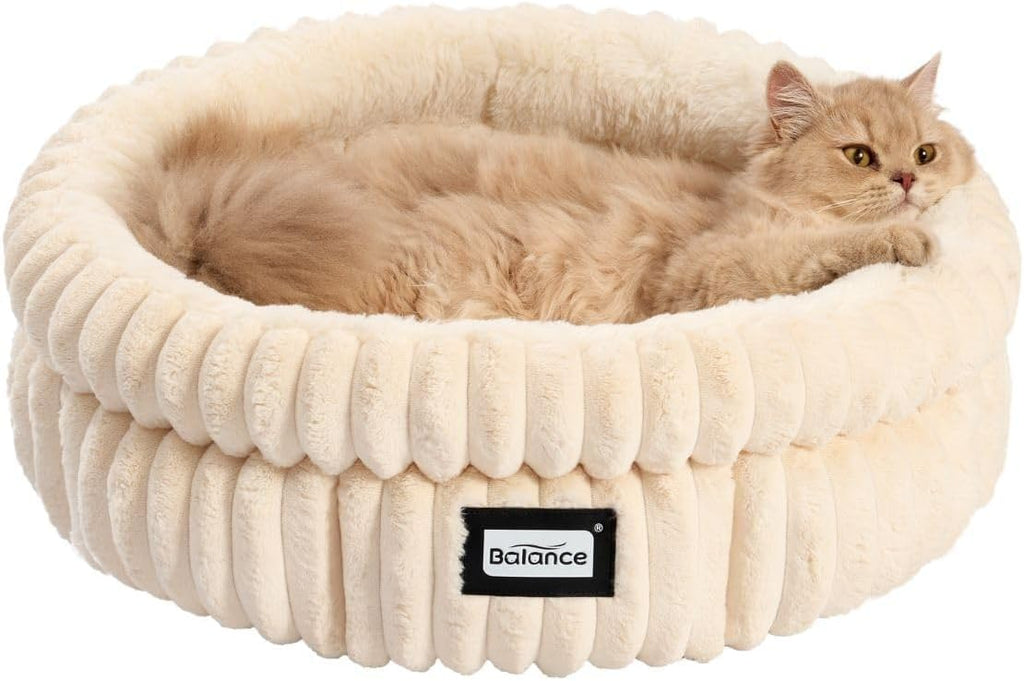 BALANCE Cat Bed Kitten Bed, Washable Round Cat Beds for Indoor Cats, Super Soft Plush Faux Fur Pet Bed for Puppy and Kitten with Anti-Slip Bottom