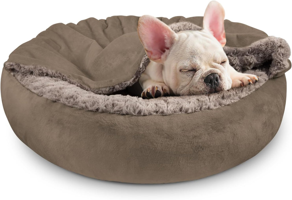 JOEJOY Small Dog Bed Cat Bed with Hooded Blanket, Cozy Cuddler Luxury Puppy Pet Bed, Donut Round Calming Anti-Anxiety Dog Burrow Cave Bed - Anti-Slip Bottom and Machine Washable 23 inch