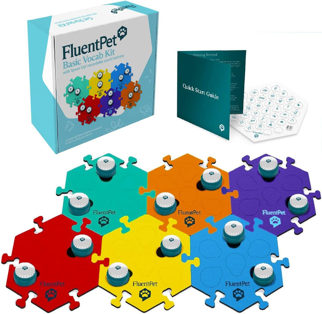 Speak Up! Get Started Kit with Clearer Upward-Facing Sound | 6 Recordable Buttons w/Pre-Installed Batteries & 3 HexTile Button Mats | Training Dog & Cat Communication Buttons