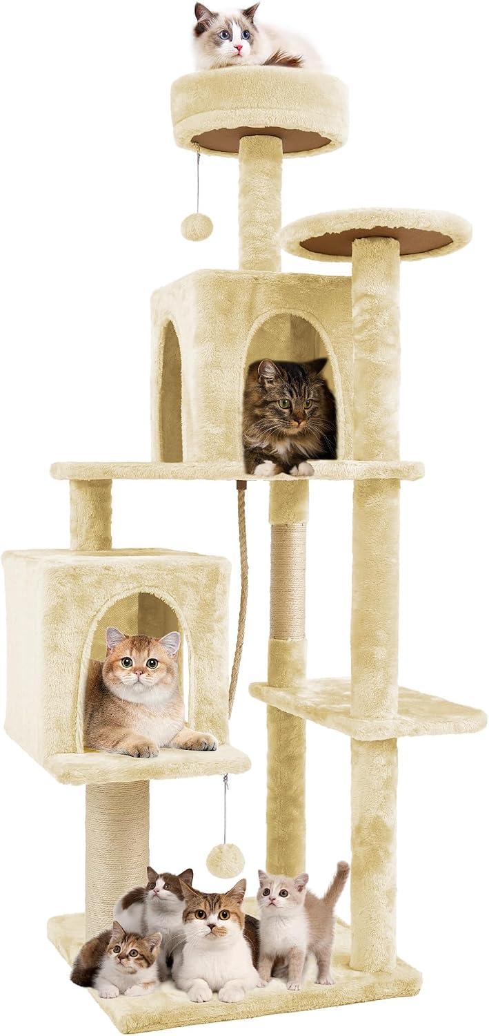 58.5inch Large Cat Tree Tower Condo for Indoor Cats, Soft Plush Multi-Level Climbing Tree Cat House with Cat Cave, Scratching Post, More Entrance/Exit, Sisal Rope, Grey Black