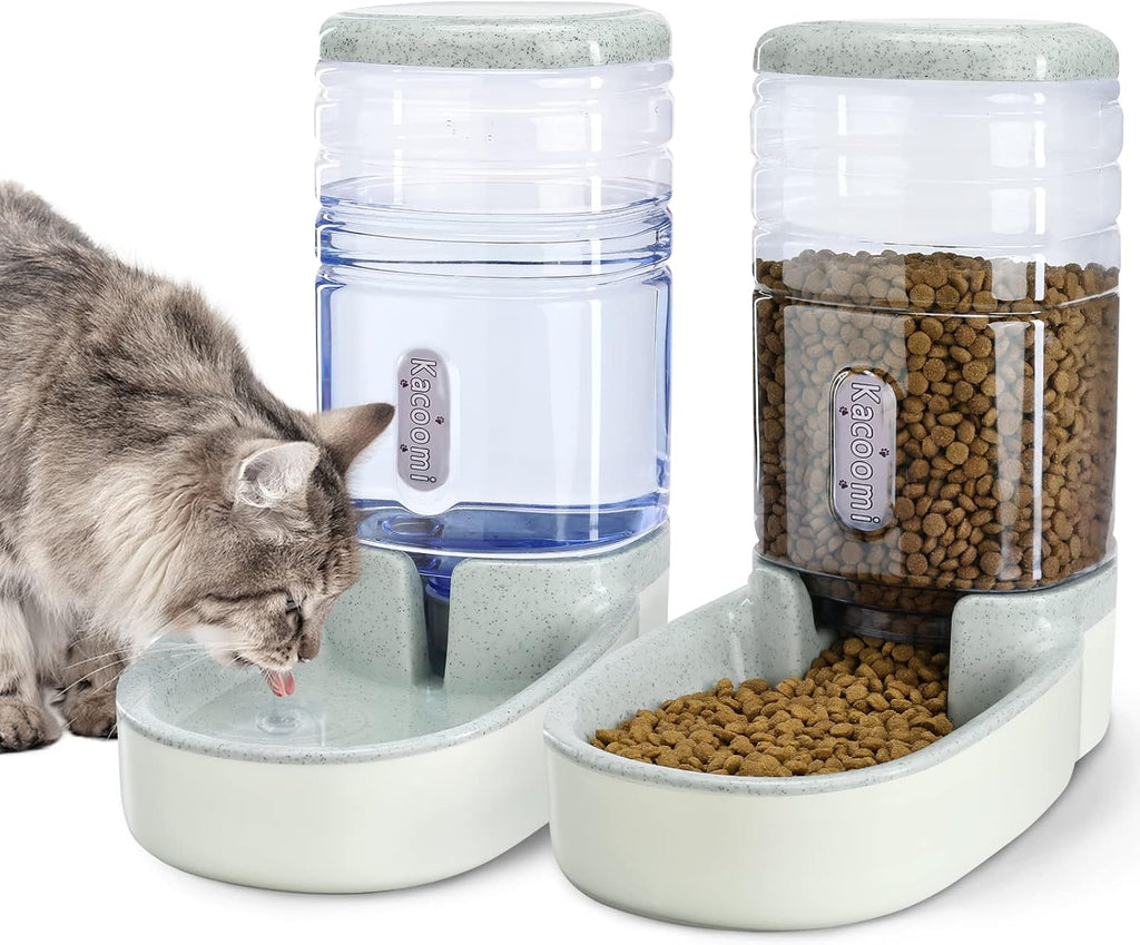 Kacoomi Automatic Dog Cat Feeder and Water Dispenser Gravity Food Feeder and Waterer Set with Pet Food Bowl for Small Medium Dog Puppy Kitten, Large Capacity 1 Gallon x 2