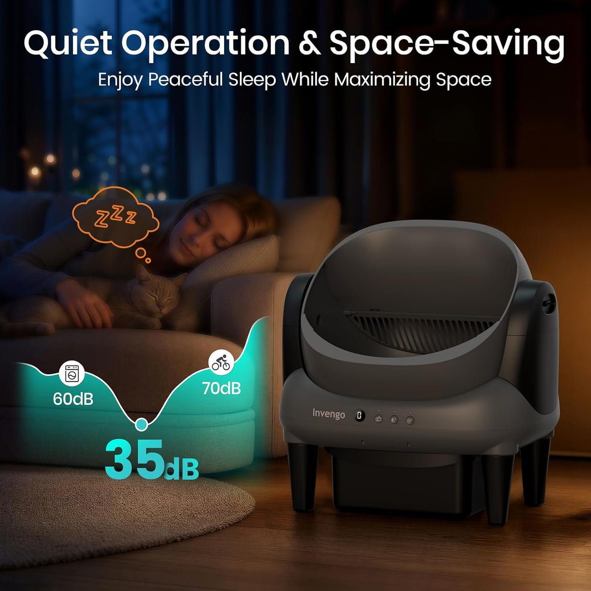 Invengo Automatic Self-Cleaning Cat Litter Box, Open Top Design with Safety Sensors and Anti-Pinch Protection, Smart Automatic Litter Box for Small & Medium Cats and Multi-Cat Homes, Charcoal Grey