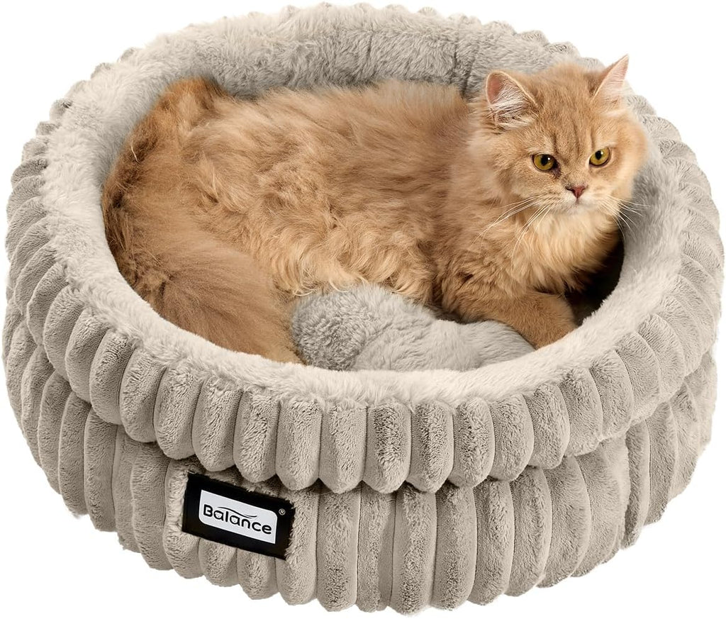 BALANCE Cat Bed Kitten Bed, Washable Round Cat Beds for Indoor Cats, Super Soft Plush Faux Fur Pet Bed for Puppy and Kitten with Anti-Slip Bottom