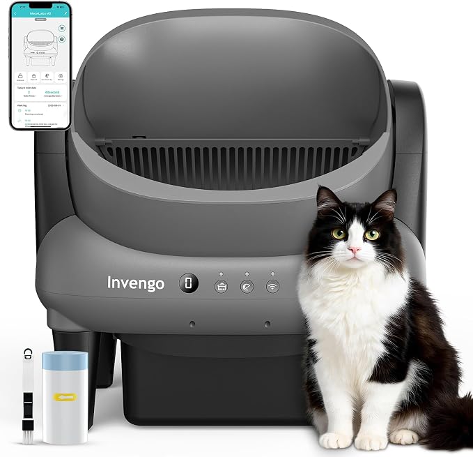 Invengo Automatic Self-Cleaning Cat Litter Box, Open Top Design with Safety Sensors and Anti-Pinch Protection, Smart Automatic Litter Box for Small & Medium Cats and Multi-Cat Homes, Charcoal Grey