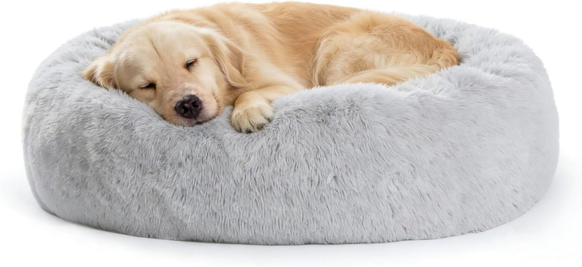 54 inches Calming Donut Dog Bed - 3X Durable Plush Faux Fur, Machine Washable & Non-Slip, Fits up to 210 lbs, Removable Cover, Dark Grey