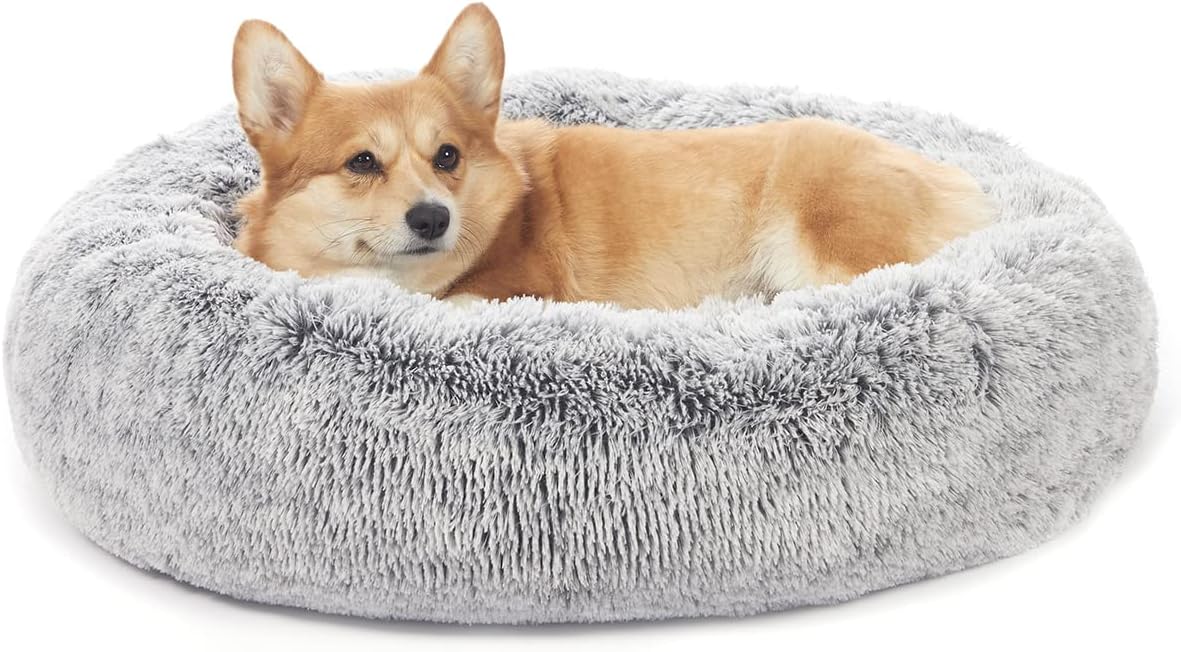 Calming Fluffy Donut Dog Bed for Large Dogs,Dark Grey, 36" Round