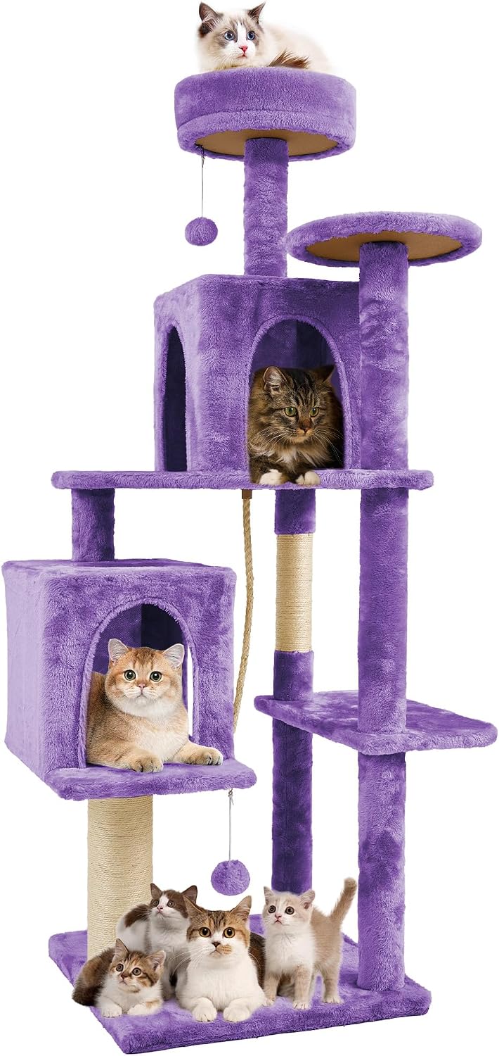 58.5inch Large Cat Tree Tower Condo for Indoor Cats, Soft Plush Multi-Level Climbing Tree Cat House with Cat Cave, Scratching Post, More Entrance/Exit, Sisal Rope, Grey Black