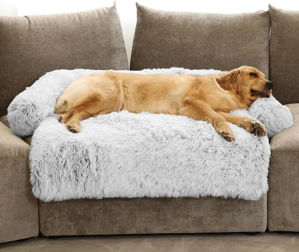 Calming Dog Bed Fluffy Plush Dog Mat for Furniture Protector with Removable Washable Cover for Large Medium Small Dogs and Cats (Large, Light Grey)