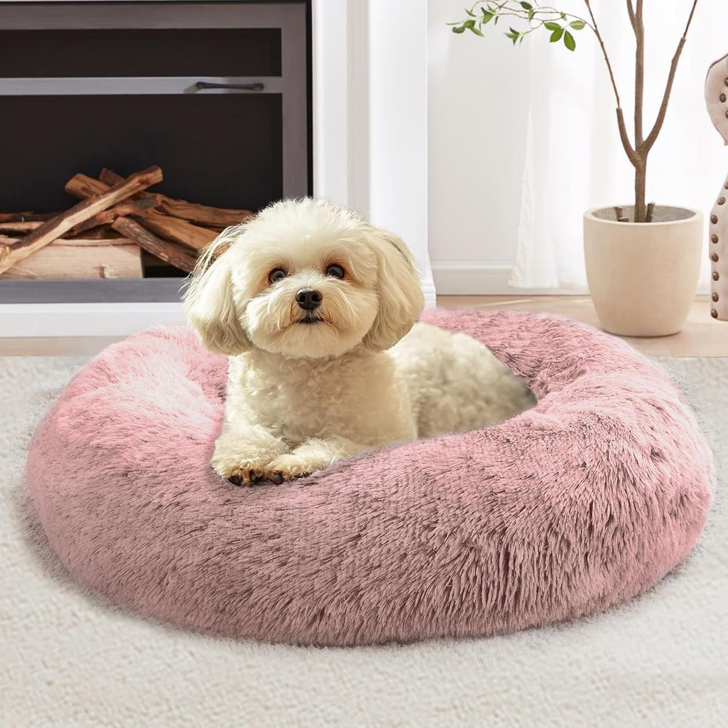 JOLLYVOGUE Calming Dog Bed Medium Size Dog, 31in Donut Washable Medium Pet Bed, Anti-Slip & Anti-Anxiety Fluffy Faux Fur Round Dogs Bed, Fits up to 45 lbs Pets (Smoke Grey)