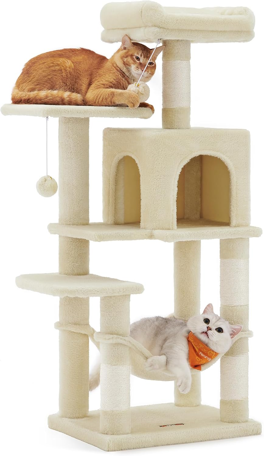 Feandrea Cat Tree, 59.5-Inch Tall Cat Tower, Multi-Level Condo, Light Gray